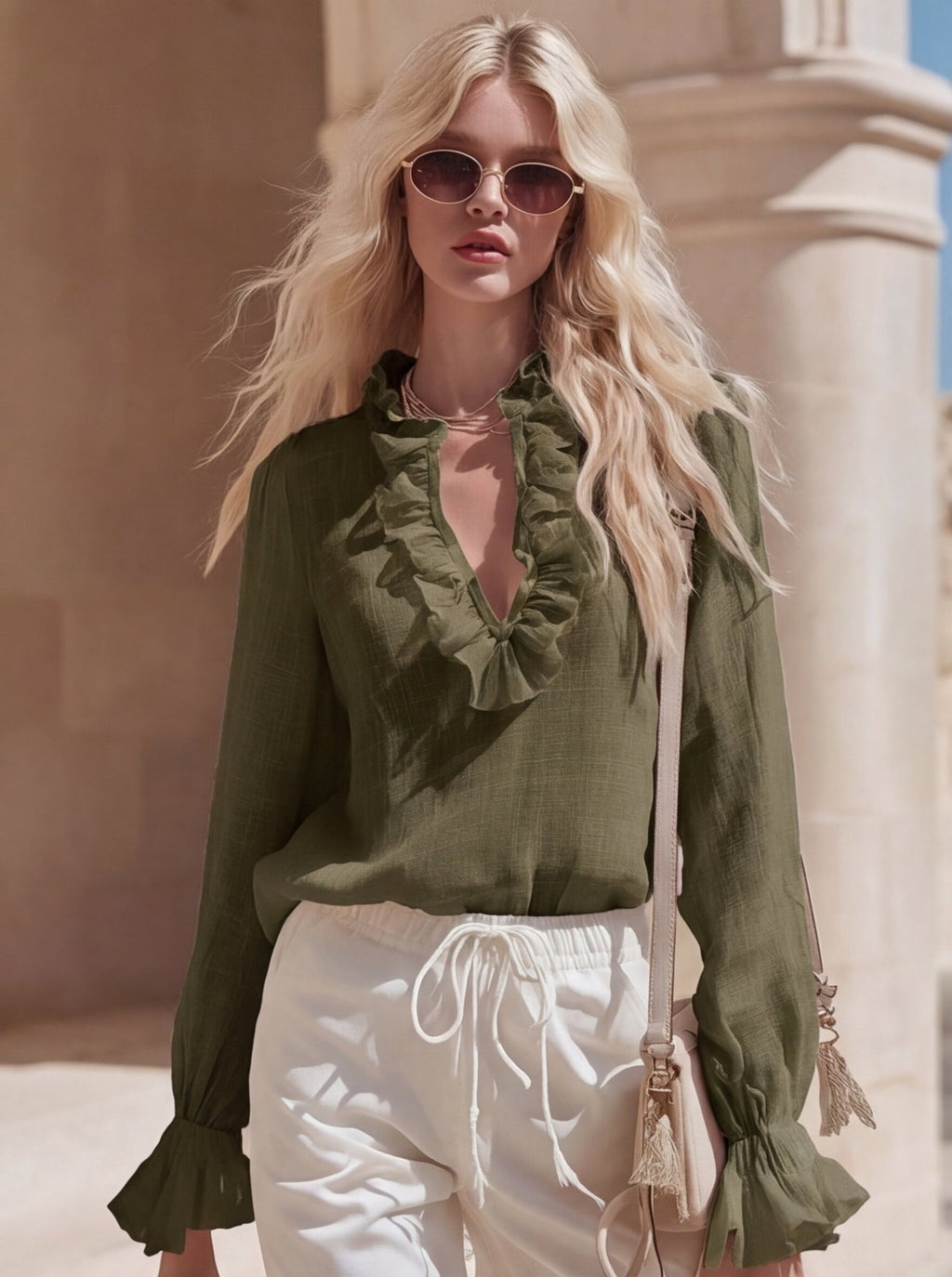 French Romantic Linen Ruffle-Trimmed V-Neck Shirt