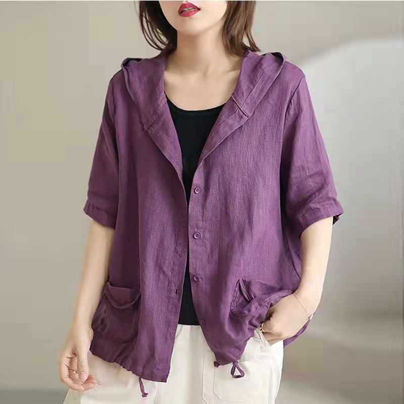 Women's Large Loose Vintage Cotton And Linen Casual Thin Hooded Cardigan