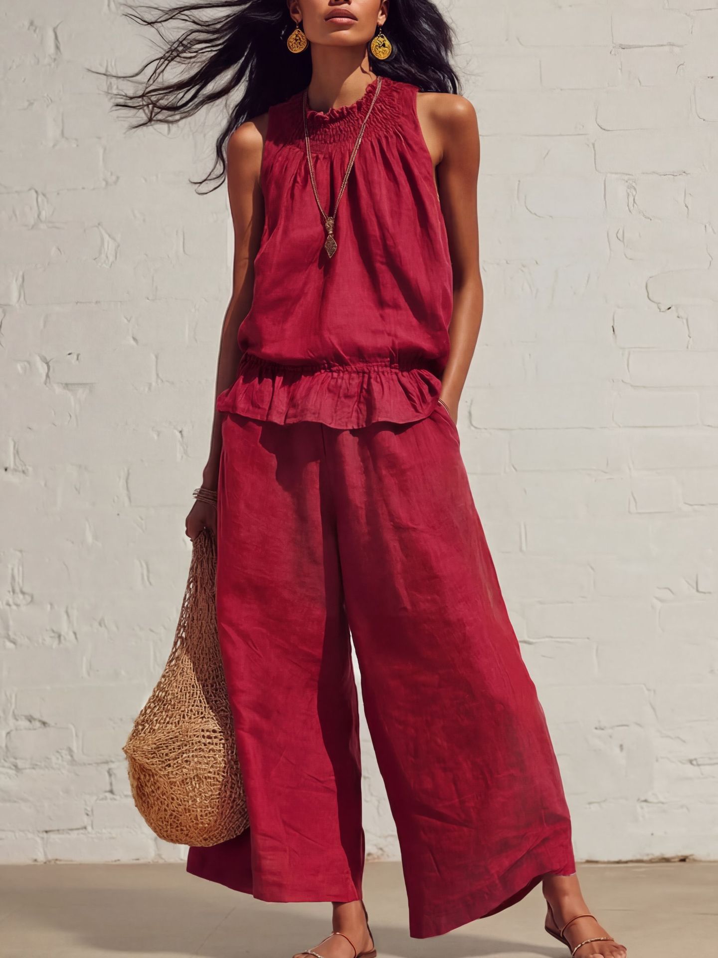 Retro Ruffled Cotton-Linen Two-Piece Set