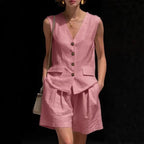 Womens Simple Elegant Cotton-Linen Vest Top And Shorts Two-Piece Set