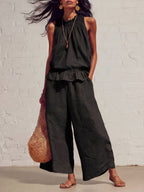 Retro Ruffled Cotton-Linen Two-Piece Set