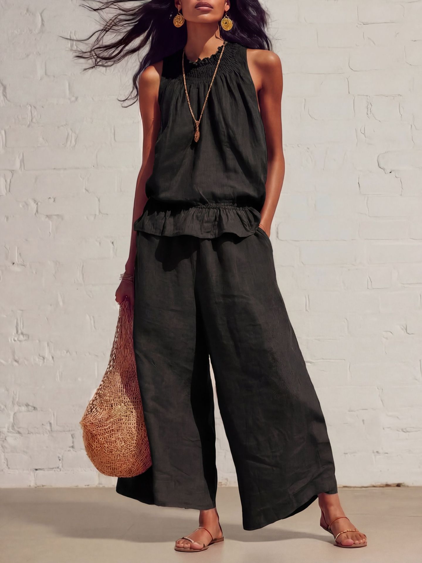 Retro Ruffled Cotton-Linen Two-Piece Set