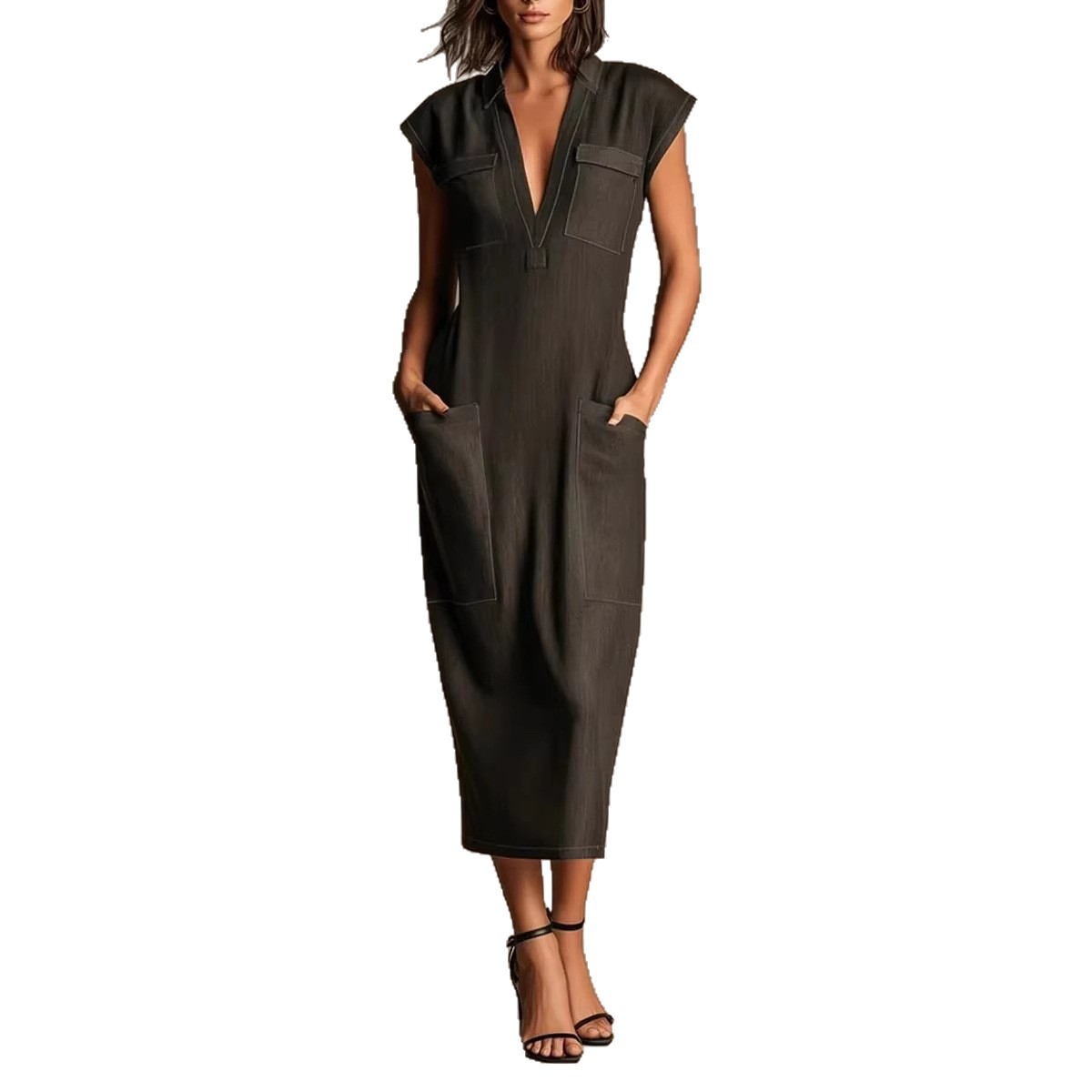 Stand-up Collar Sleeveless Casual Loose-fit Cotton-linen Dress