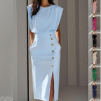 Women's Summer Split Dress With Buttons Casual Sleeveless Midi Dress Clothing