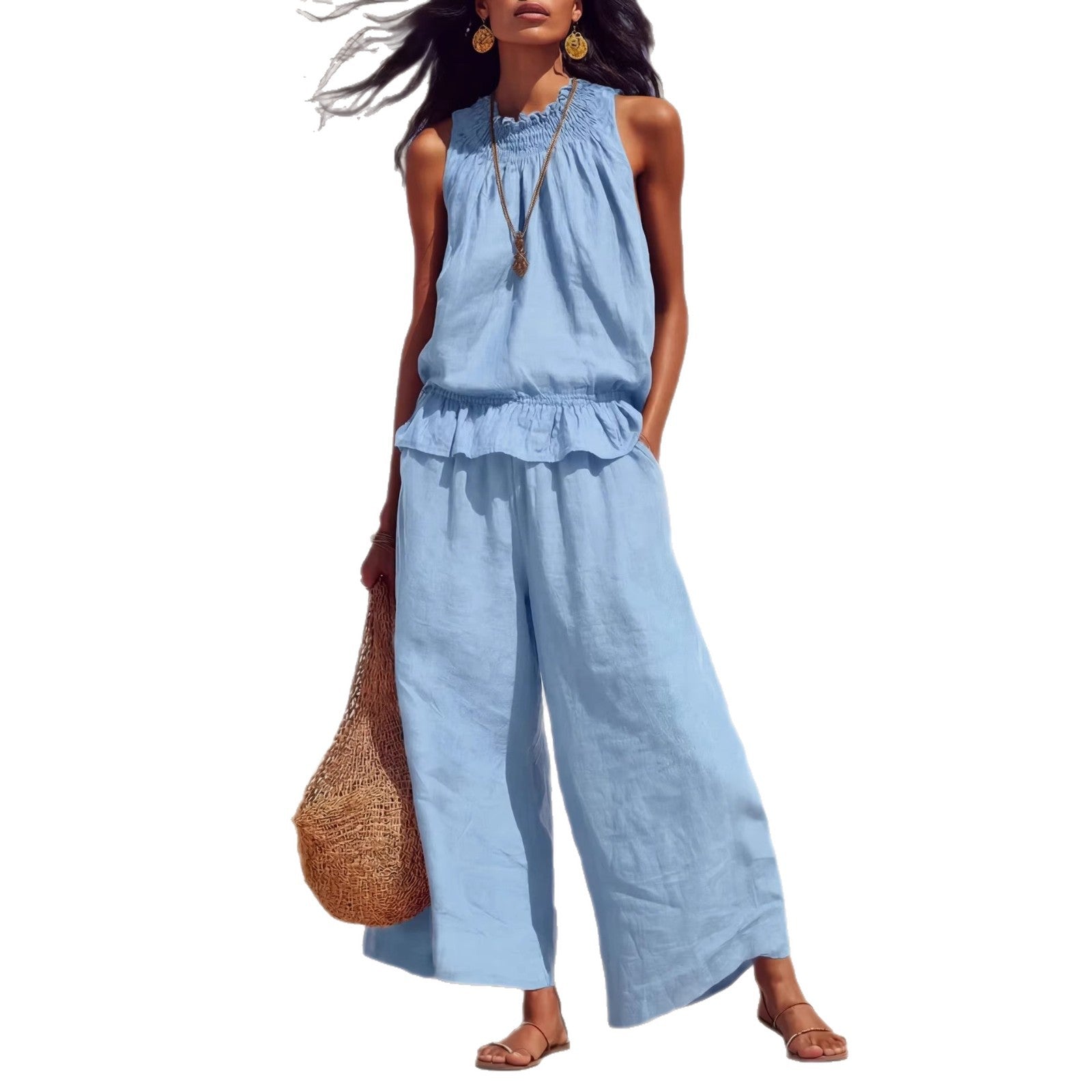 Retro Ruffled Cotton-Linen Two-Piece Set