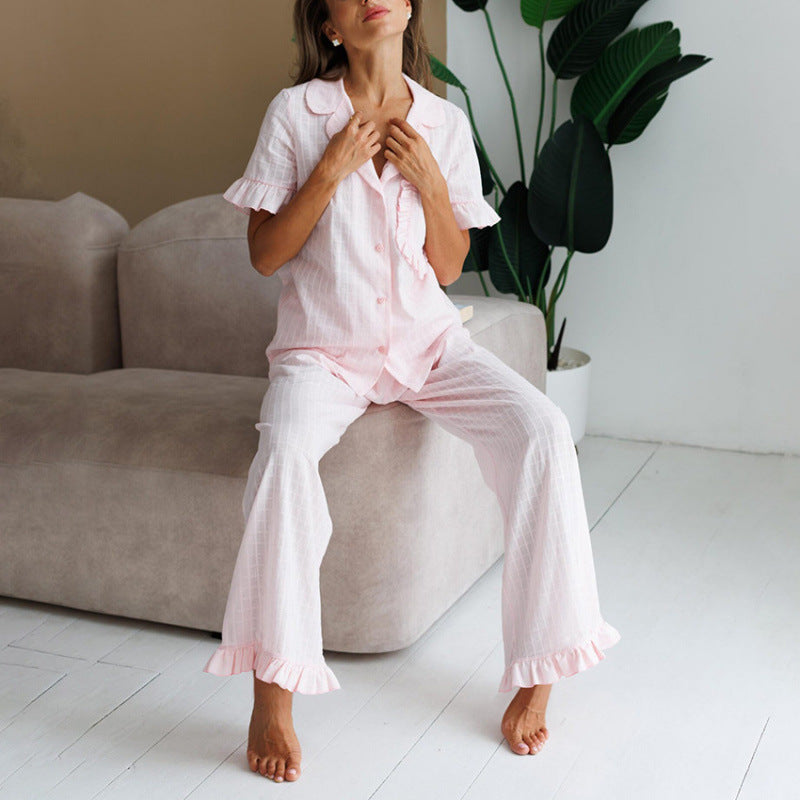 Ruffled-edge Short-sleeve Pajama Set With Long Pants