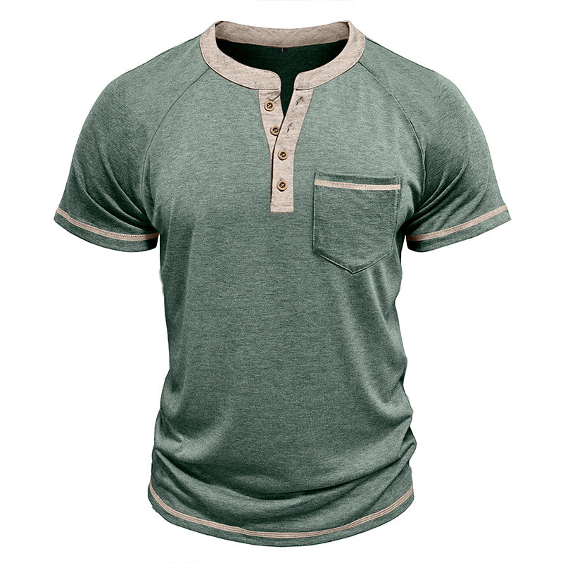 Men's Short-Sleeve Henley Shirt Button-Up Vintage T-Shirt
