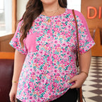 Plus Size Floral Print Corded Patchwork Loose Top