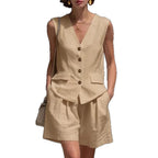 Womens Simple Elegant Cotton-Linen Vest Top And Shorts Two-Piece Set