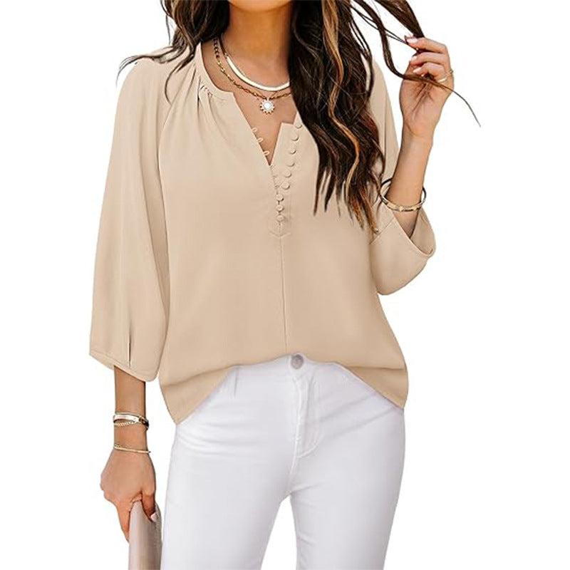 Three-quarter Sleeve Bohemian Chiffon Button-up Shirt Fashionable And Elegant