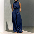 Casual Sleeveless Suit Summer Stand-up Collar Pullover Top And Loose Straight-leg Trousers Women's Clothing