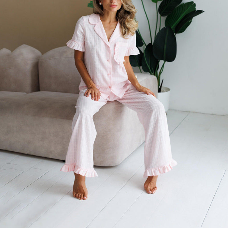 Ruffled-edge Short-sleeve Pajama Set With Long Pants