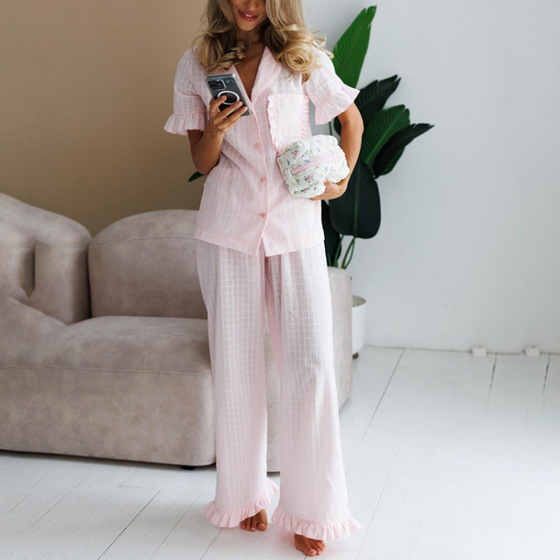 Ruffled-edge Short-sleeve Pajama Set With Long Pants