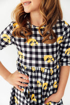 Iowa Plaid Tigerhawk 3/4 Sleeve Pocket Twirl Dress